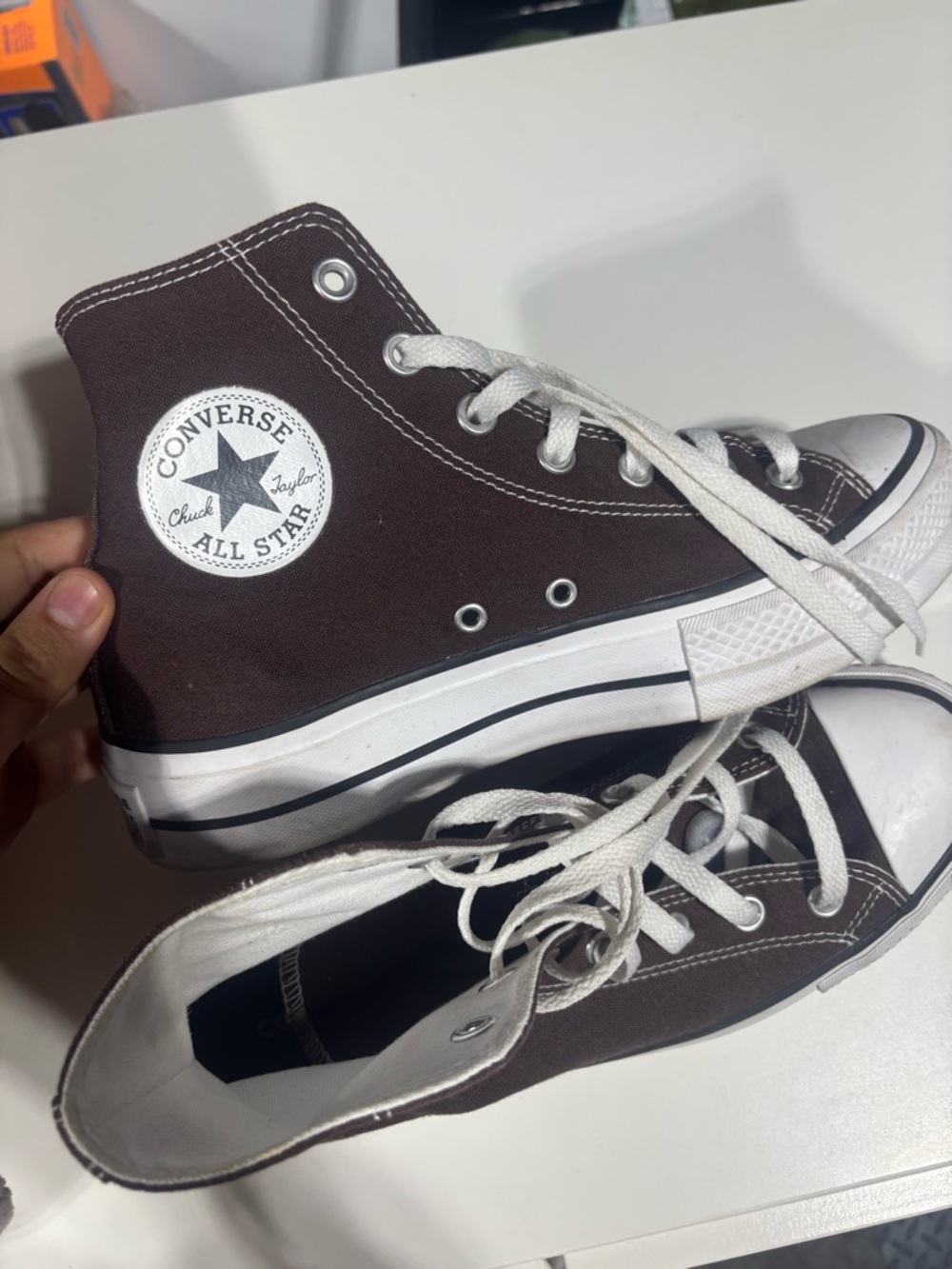 Converse High Top Sneakers in Dark Brown with White Accents